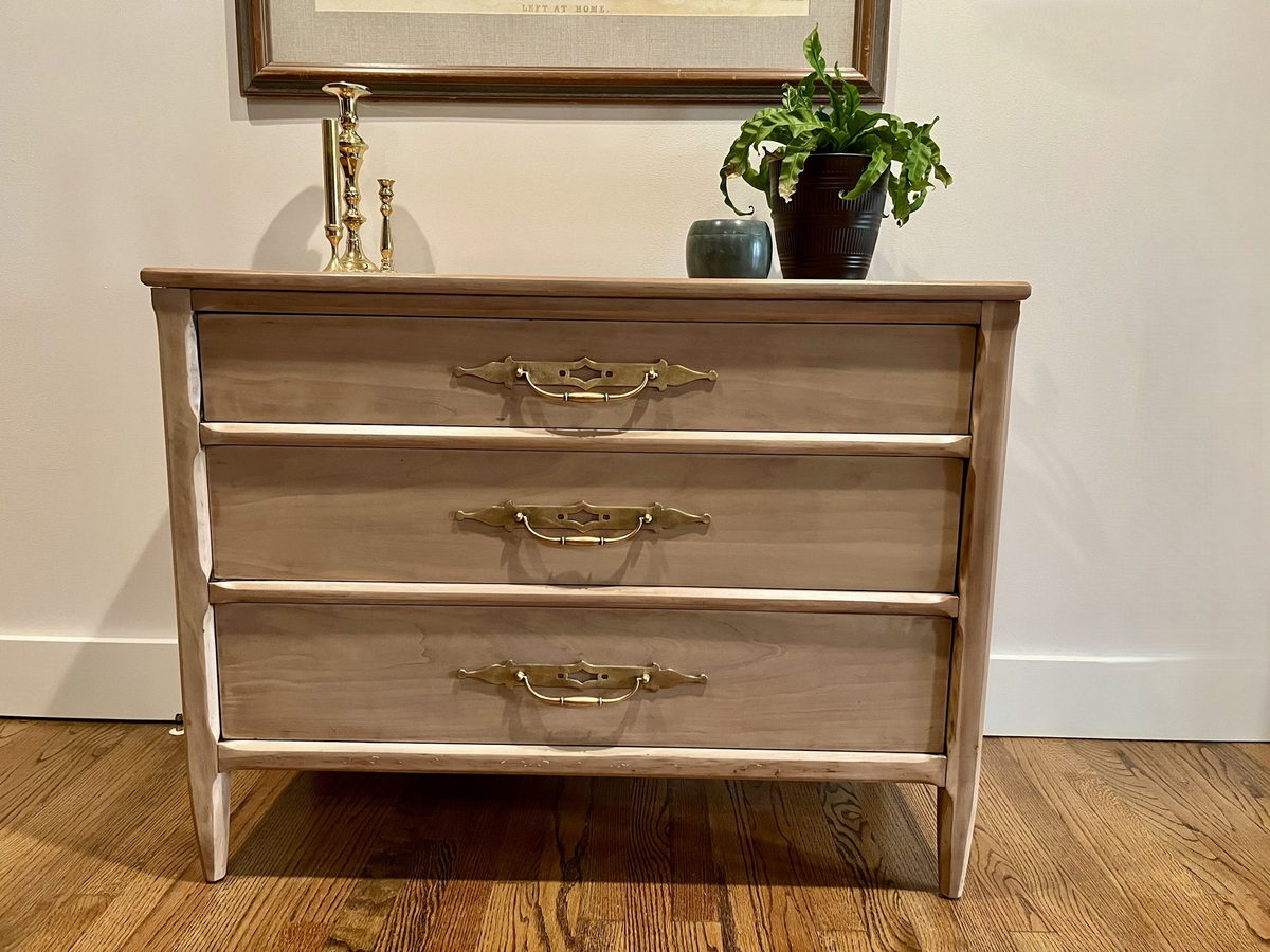Refinished mid-century dresser, paint-washed with original brass hardware